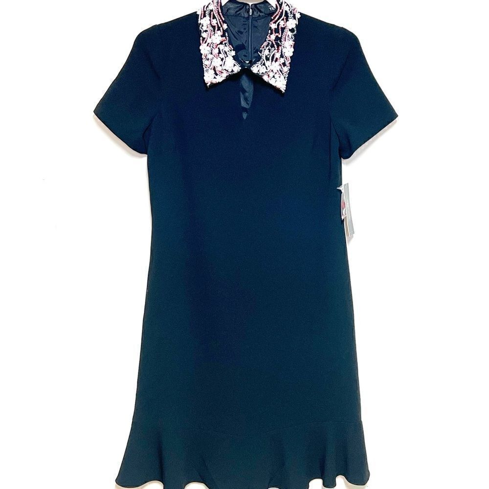 NWT rickie freeman Teri Jon Peplum Hem Embellished Collar Black Shift Dress Sz 6
